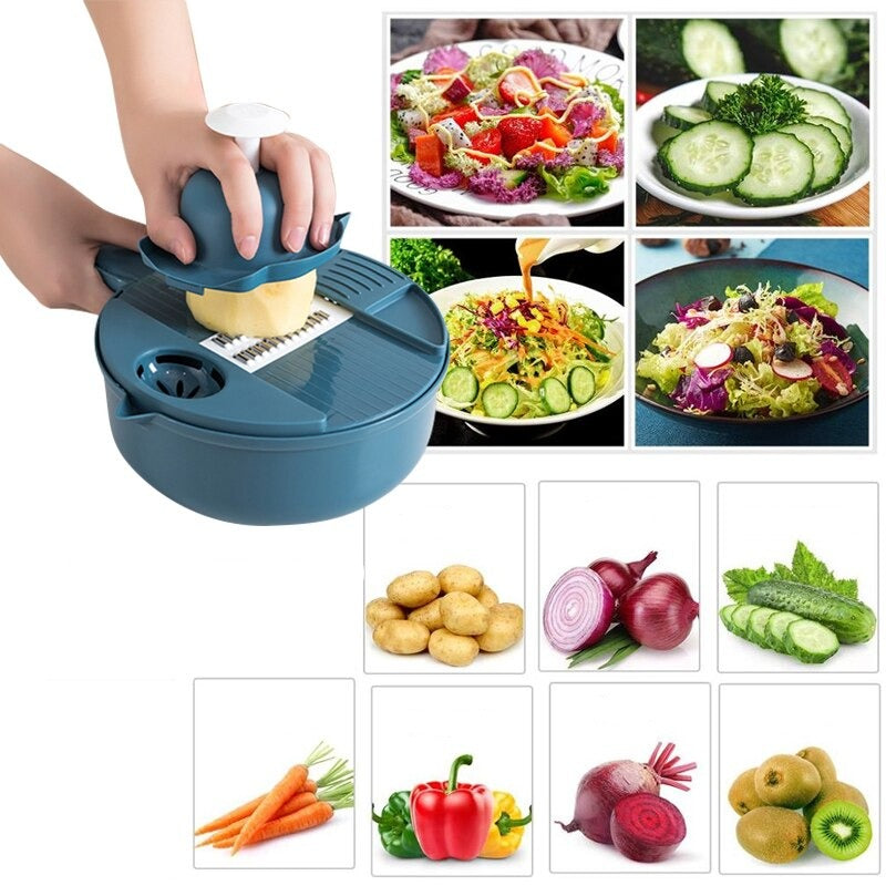 Volledige ChefEase 12-in-1 multifunctionele groentesnijder set met diverse opzetstukken voor efficiënte maaltijdbereiding.
