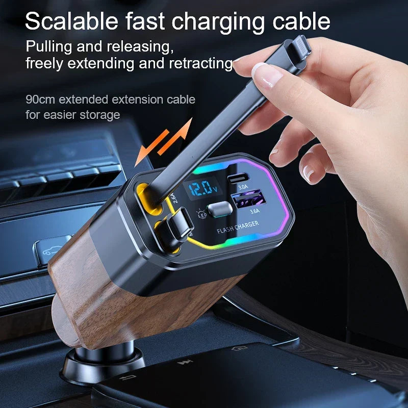 Retractable 120W autolader, plug-in in auto aansteker. Voorziet meerdere apparaten van snel opladen met USB-C.