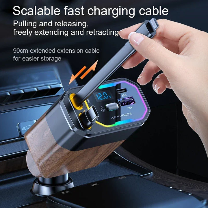 Retractable 120W autolader, plug-in in auto aansteker. Voorziet meerdere apparaten van snel opladen met USB-C.