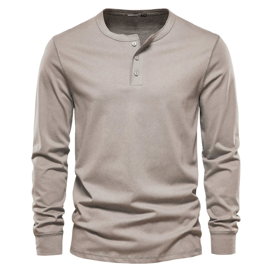 Beige Henley T-shirt voor heren, comfortabele pasvorm, lange mouwen