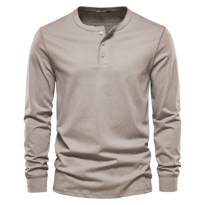 Beige Henley T-shirt voor heren, comfortabele pasvorm, lange mouwen