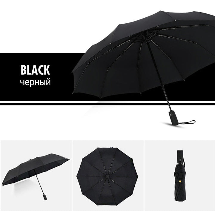 Sterke winddichte stormparaplu, ideaal voor winderig weer. Compacte en betrouwbare bescherming.