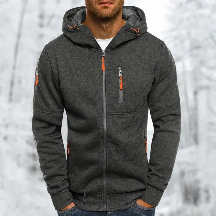 MetroFlex herenhoodie met ritssluiting, van achteren gezien; comfortabel en stijlvol sweatshirt voor heren.