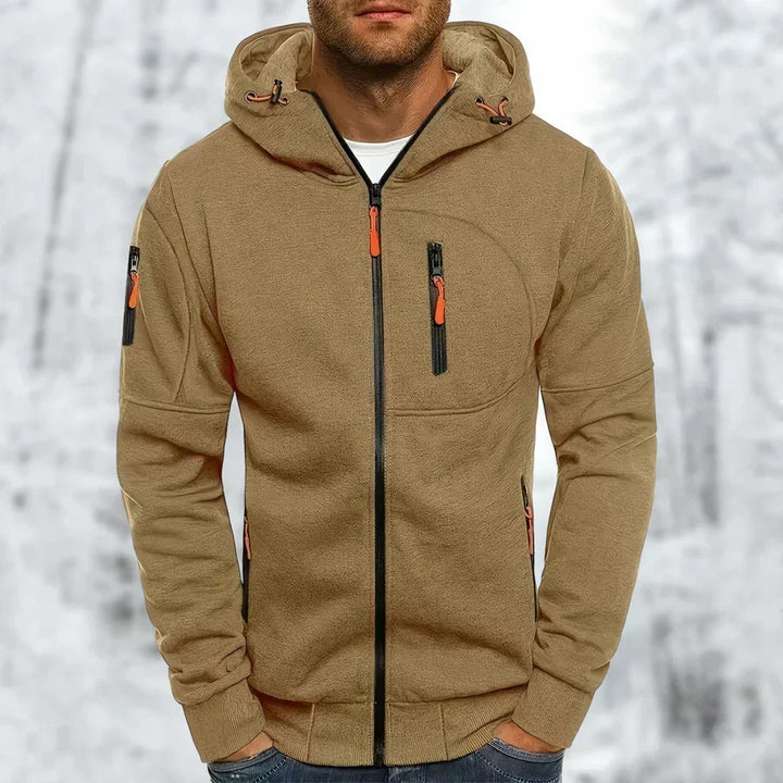 MetroFlex herenhoodie met ritssluiting, opgevouwen; comfortabel sweatshirt, essentiële casual herenkleding.