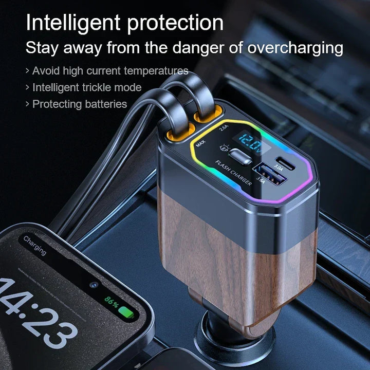 Efficiënte 4-in-1 opvouwbare autolader. Laad 4 apparaten tegelijk op met 120W via USB-C en aansteker.