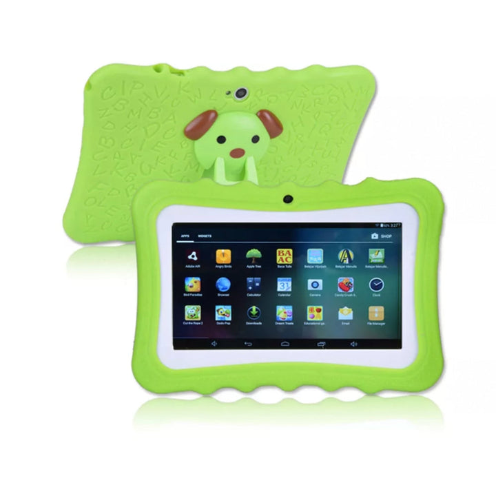 Blauwe schokbestendige tablet voor kinderen met educatieve apps getoond