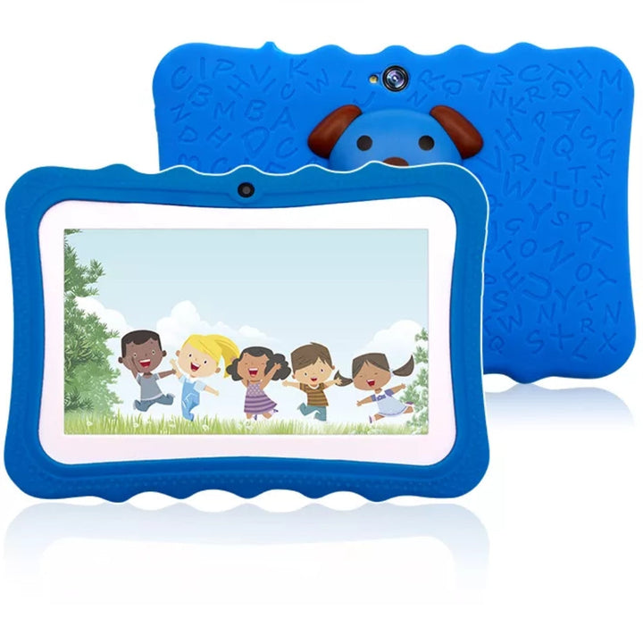 Achterkant van de kindertablet met stevige standaard en grip
