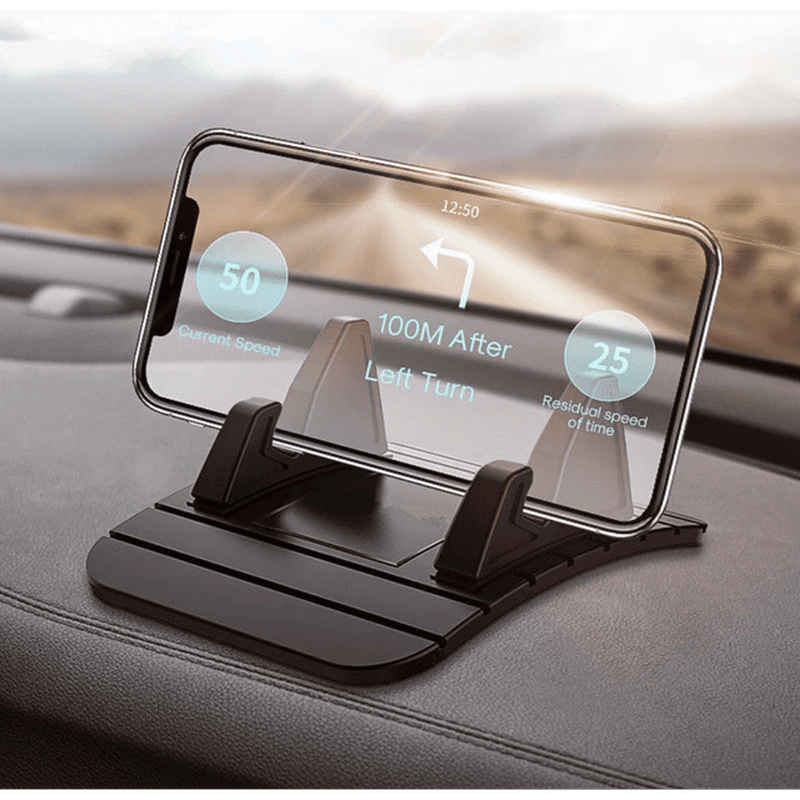 Smartphone horizontaal geplaatst op een anti-slip houder op het autodashboard