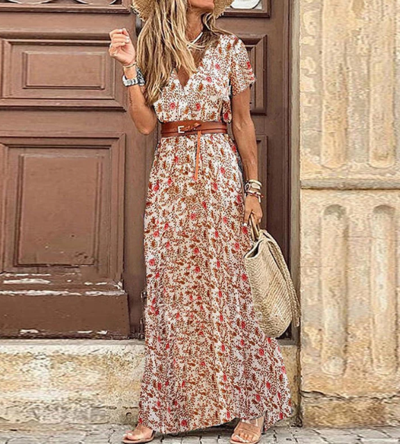 Comfortabele dames zomerjurk, boho stijl, met V-hals. Ideaal als strandjurk of casual maxi.