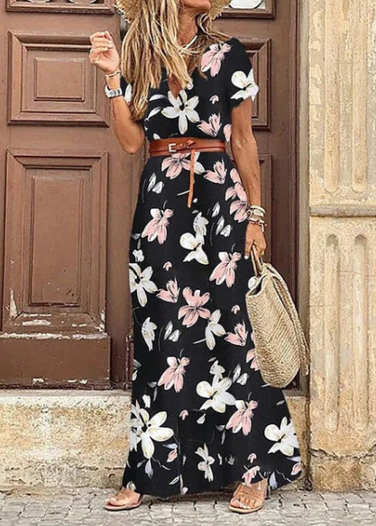 Stijlvolle dames maxi jurk met V-hals en korte mouwen. Perfecte bohemian zomerjurk voor comfort.