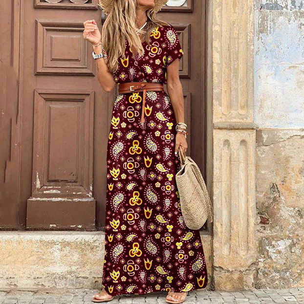 Elegante boho dames maxi jurk, V-hals, korte mouwen. Perfect voor zomerse casual dagen of als strandjurk.