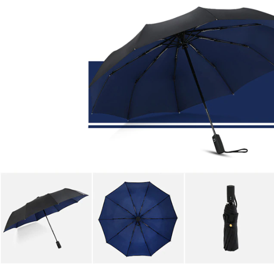 Opgevouwen winddichte stormparaplu; compact en klaar voor gebruik bij slecht weer. Ideaal mee te nemen.