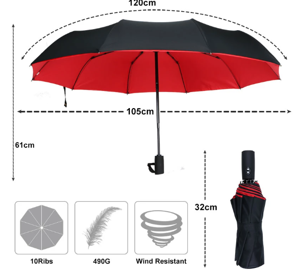Moderne unisex stormparaplu; strak design en weerbestendig voor dagelijks gebruik tegen regen.