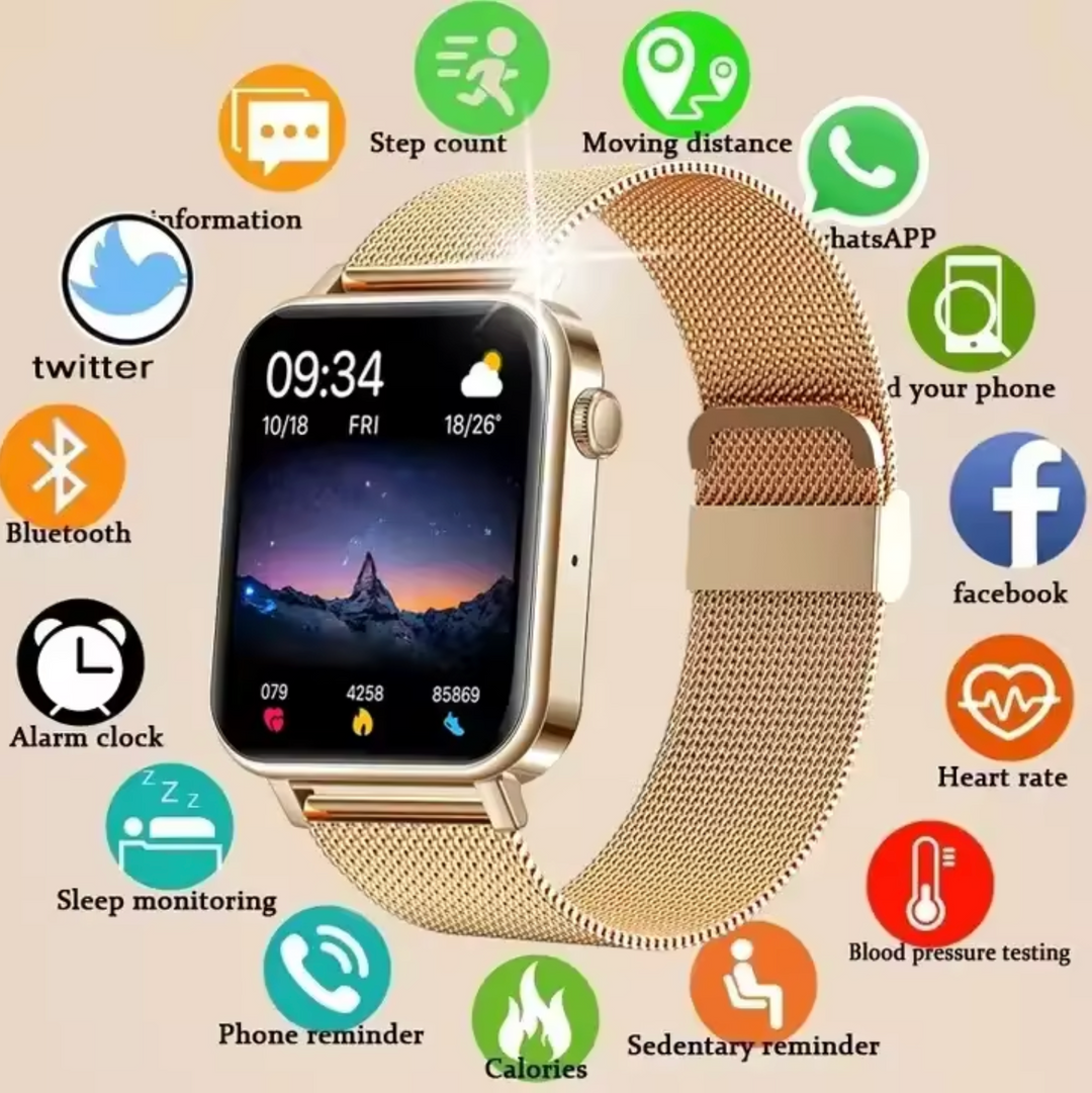 Stijlvolle dames smartwatch om de pols, toont tijd en gezondheidsdata, perfect voor een actieve levensstijl.