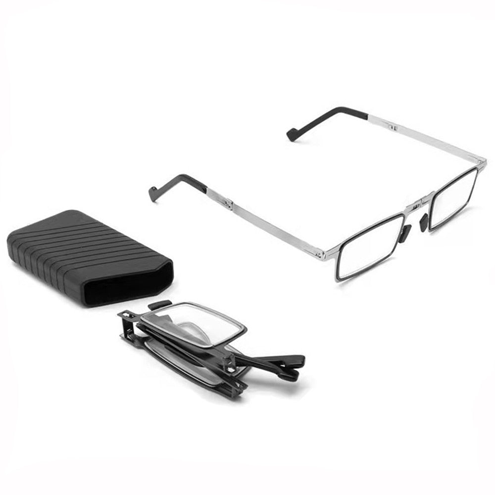Unisex opvouwbare leesbril voor reizen, zilverkleurig. Compact voor lezen onderweg, met comfortabele pasvorm.