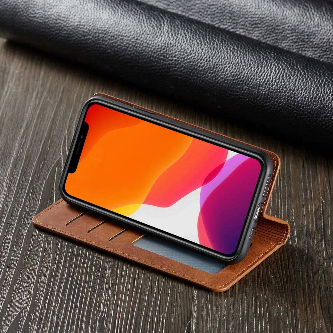 Zwarte beschermhoes met kaartvakken en comfortabele grip voor smartphones
