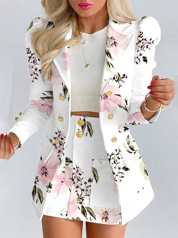 Elegante blazer en rok combinatie voor dames in een witte bloemenprint