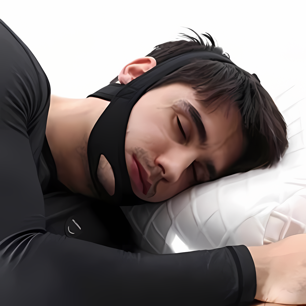 Zijaanzicht van een slapende man met de comfortabele anti-snurk kinband
