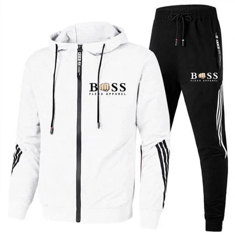 Wit heren sport trainingspak met hoodie en zwarte broek