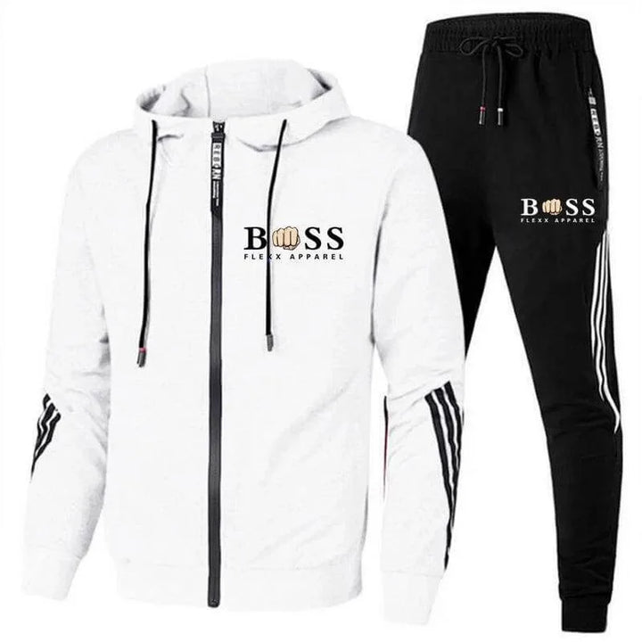 Wit heren sport trainingspak met hoodie en zwarte broek