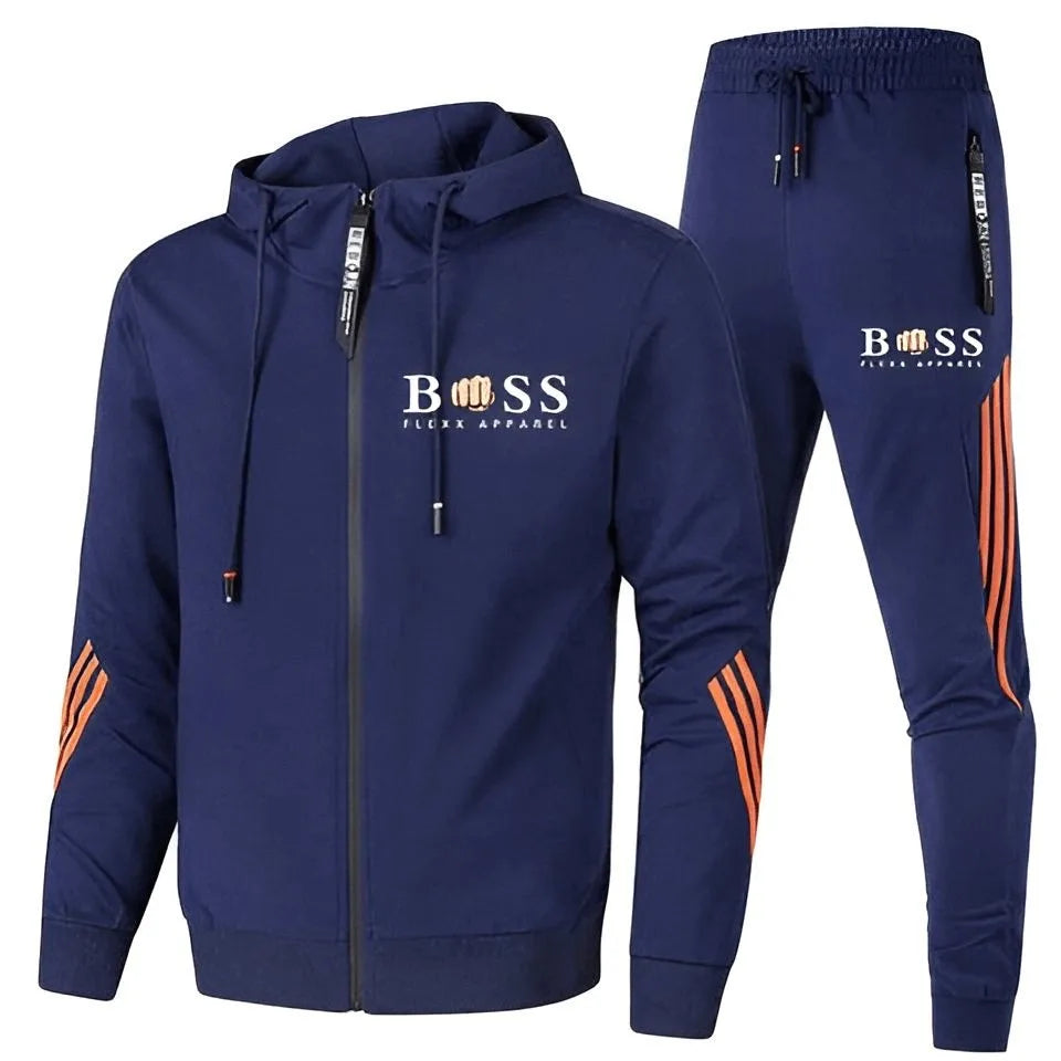 Stijlvol tweedelig sportpak voor heren in detail getoond voor optimale sportkleding