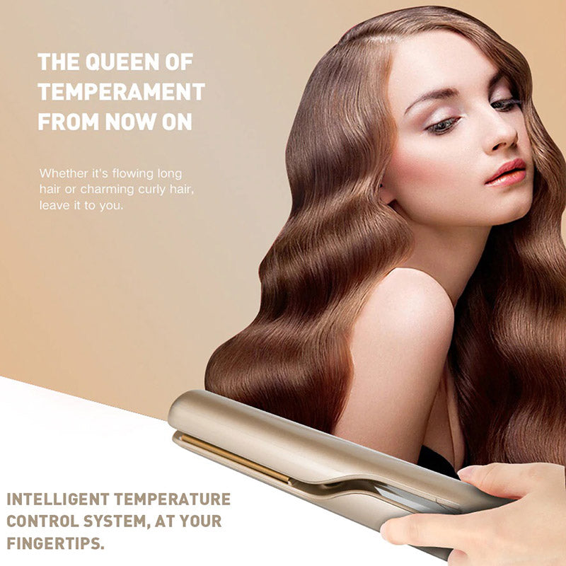 Vrouw styled haar met de 2-in-1 haarstyler, creëert perfecte krullen of gladde lokken. Beauty haarstyling.