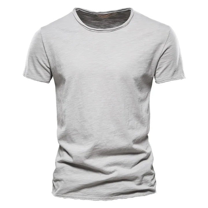 Grijs heren T-shirt, vooraanzicht, getailleerde pasvorm, zacht en ademend.