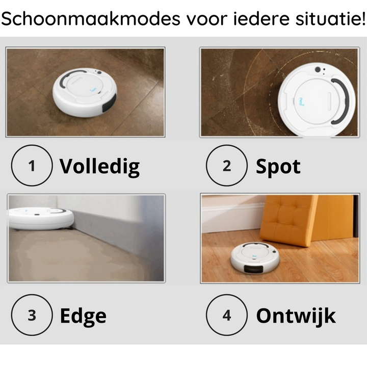 Automatische stofzuiger naast het oplaadstation klaar voor gebruik in huis