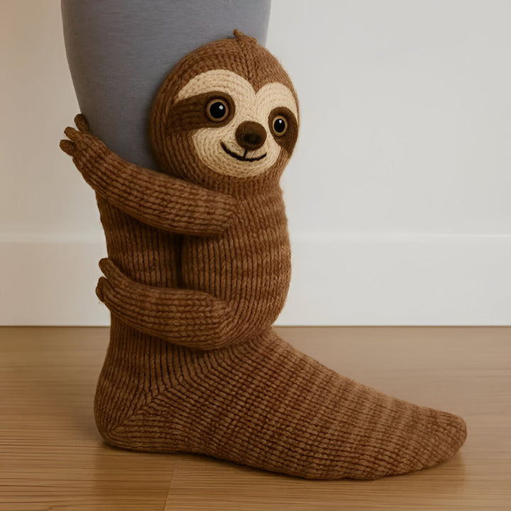 Close-up van pluizige unisex warme dierensokken met 3D design voor thuis, antislip zool.