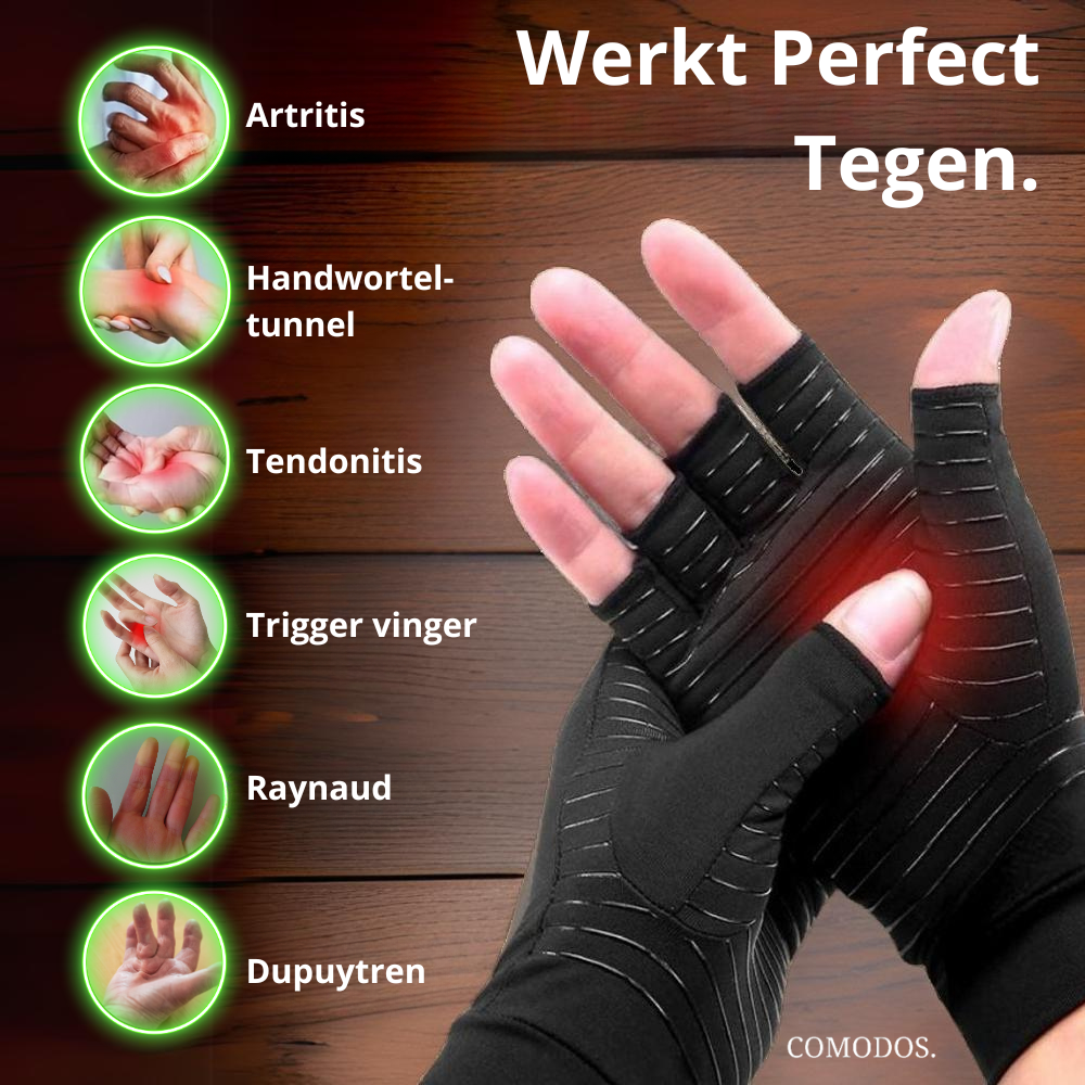 Comfortabele compressiehandschoenen voor artritis, carpaaltunnel en reuma. Vermindert handpijn en vermoeidheid.