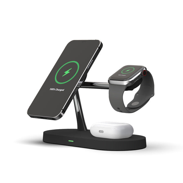 MagX PRO 3-in-1 draadloos laadstation in actie met smartphone, smartwatch en oordopjes