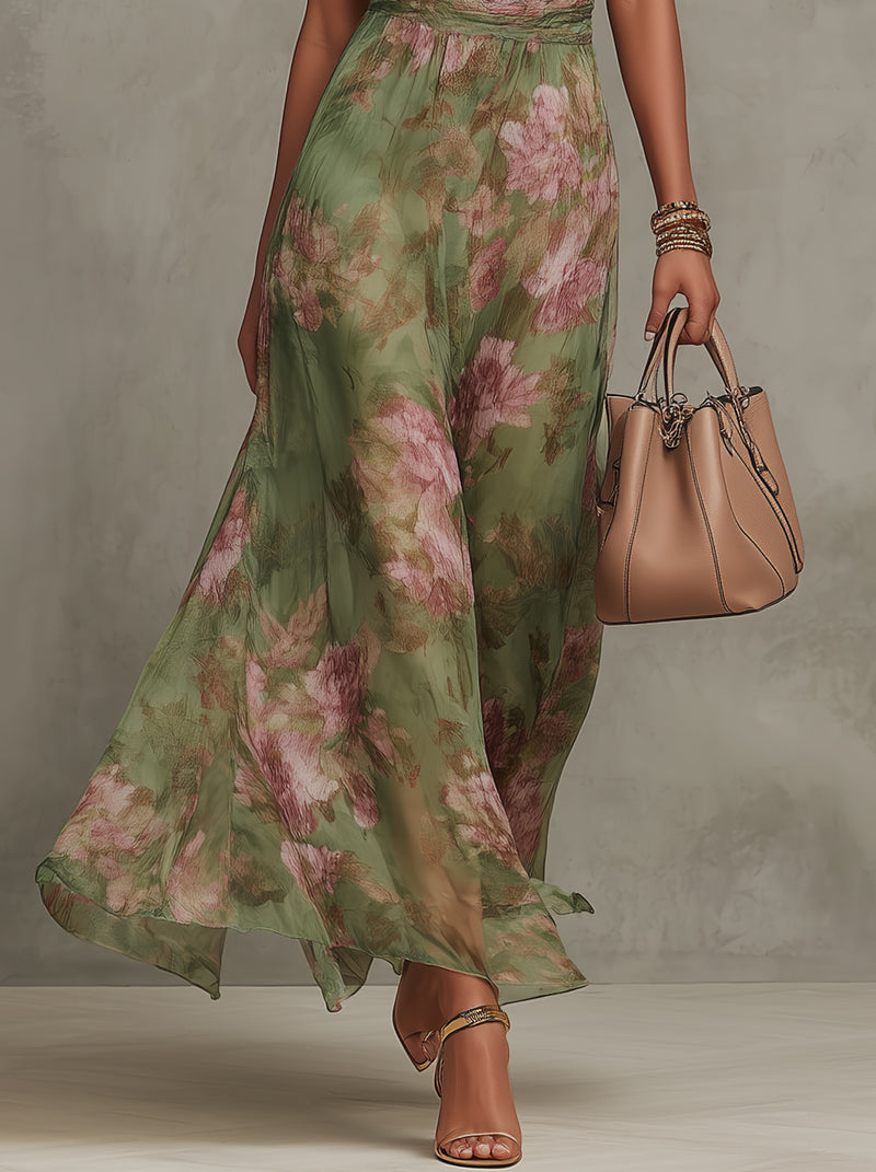 Groene dames maxijurk met halternek en bloemenprint, elegante zomerjurk en feestjurk voor dames