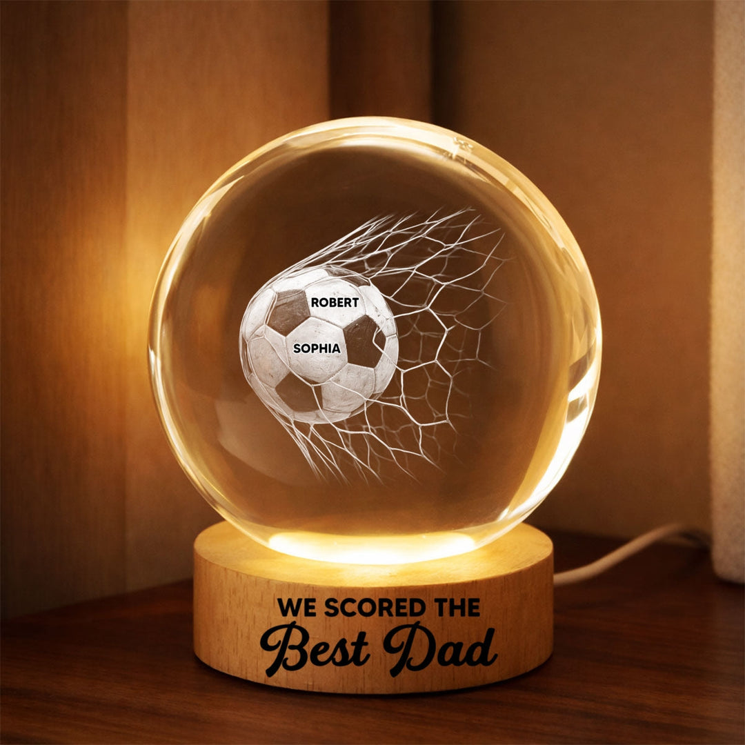Sfeervolle kristallen lamp voor voetbalfans: Gepersonaliseerde papa nachtlamp met unieke 3D gravure.