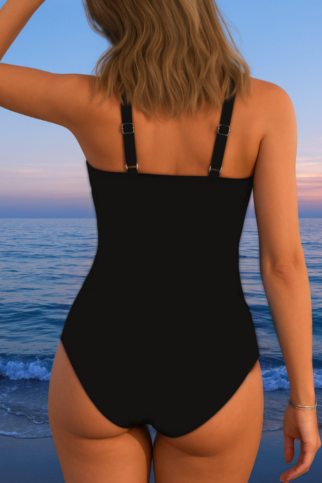 Vrouw geniet van de zon in een elegant zwempak op vakantie.