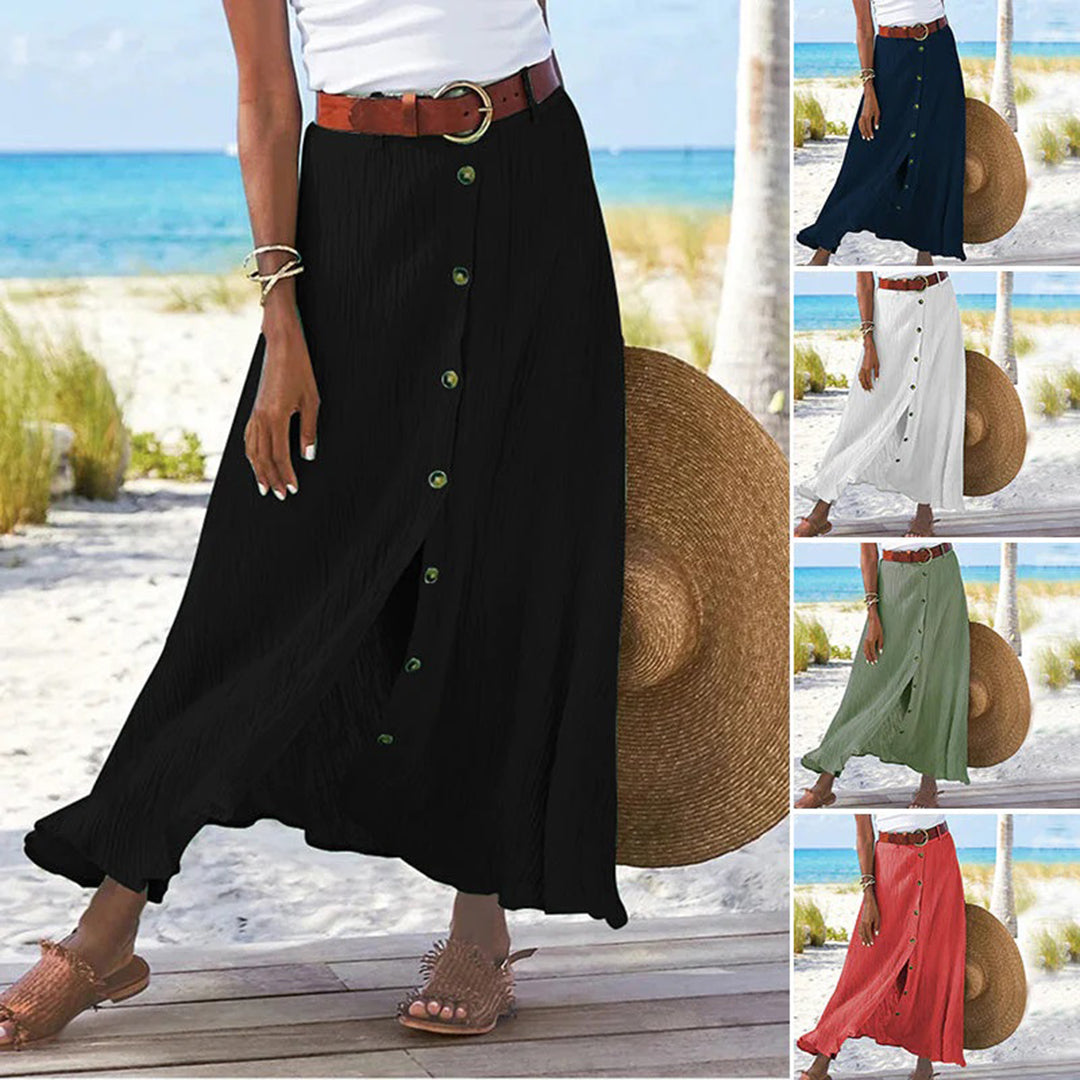 "A-lijn maxi-rok van zomers katoen, witte kleur, met elastische taille en asymmetrische zoom, elegant en comfortabel"