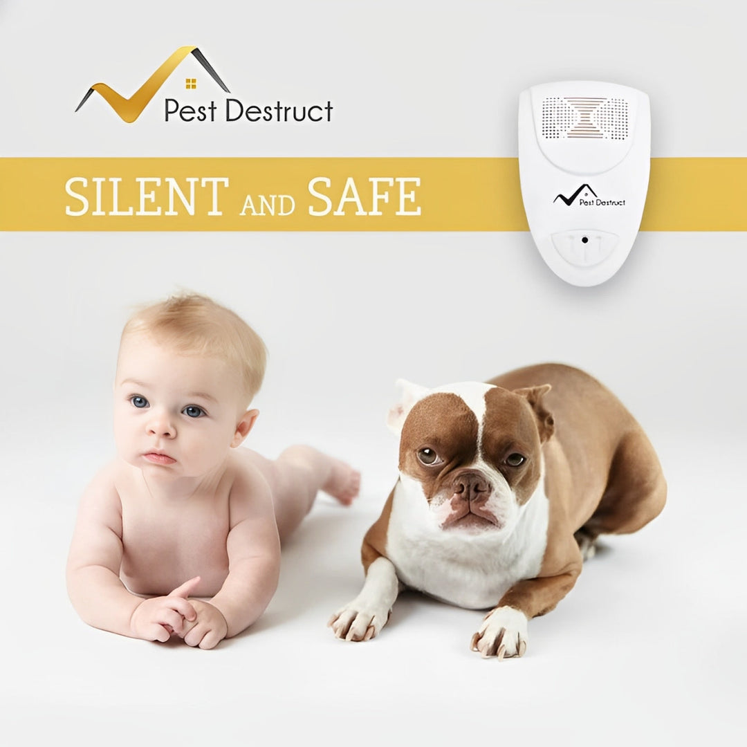 Ultrasone bedwants afschrikker naast baby en hond, benadrukt veilig en stil gebruik.