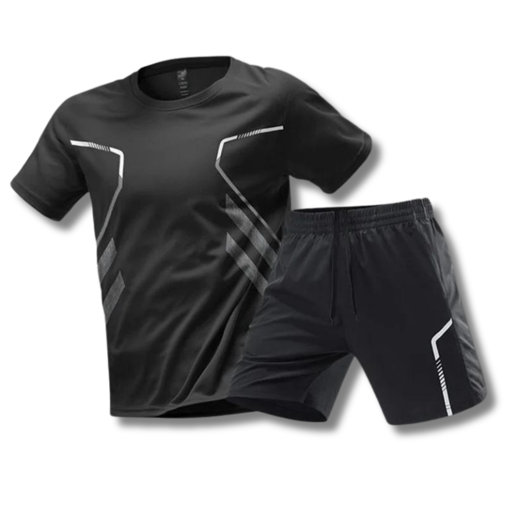 "Ademend heren sportset: lichtgewicht shirt en korte broek, sneldrogend en elastisch voor intensieve workouts."