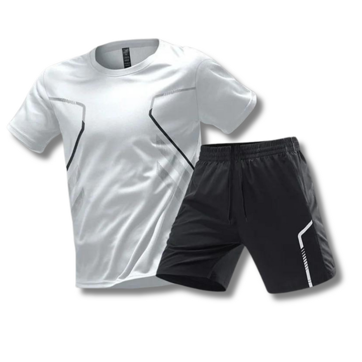 "Ademend heren sportset: lichtgewicht shirt en korte broek, sneldrogend en elastisch voor intensieve workouts."