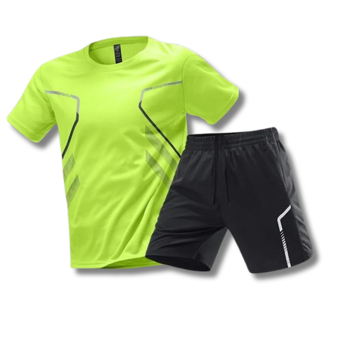 "Ademend heren sportset: lichtgewicht shirt en korte broek, sneldrogend en elastisch voor intensieve workouts."
