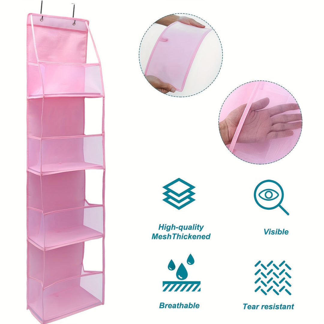 "Ademende over-de-deur organizer met 4 vakken, grijs polyester mesh voor kledingopslag, zicht op volledige organizer"