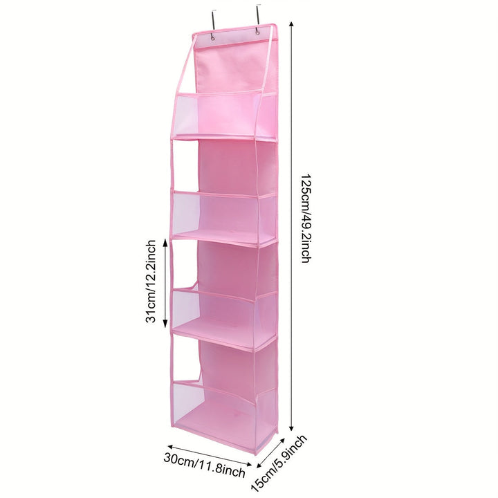 "Ademende over-de-deur organizer met 4 vakken, grijs polyester mesh voor kledingopslag, zicht op volledige organizer"