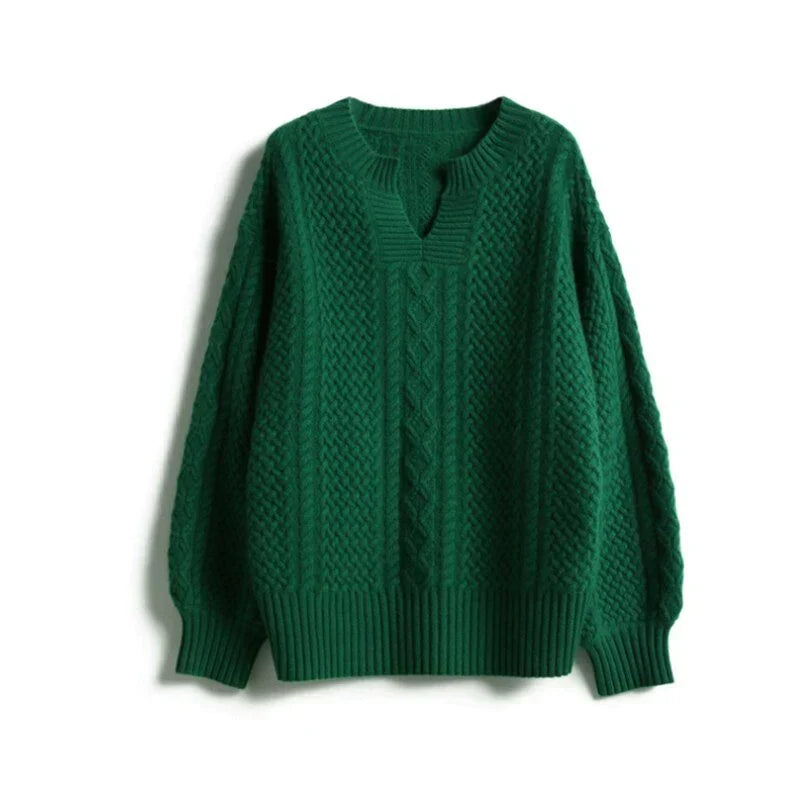 "Ademende wollen trui met uniek kabelpatroon, stijlvolle winterkleding voor dames, verkrijgbaar in diverse kleuren."
