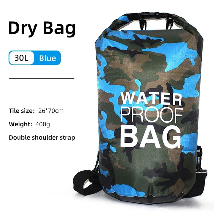 Waterdichte rugzak met roll-top sluiting en nat-/droogscheiding, perfect voor kamperen en reizen.