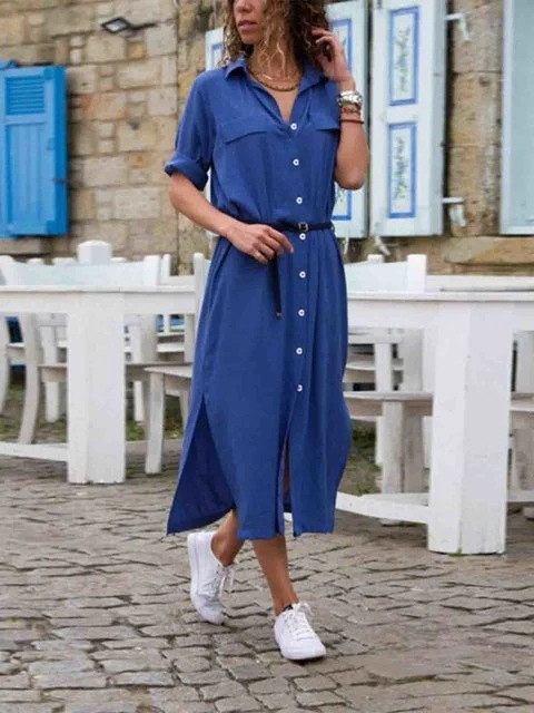 Lente/zomer dames overhemdjurk midi met riem; een veelzijdige en elegante knoopjurk met korte mouwen.
