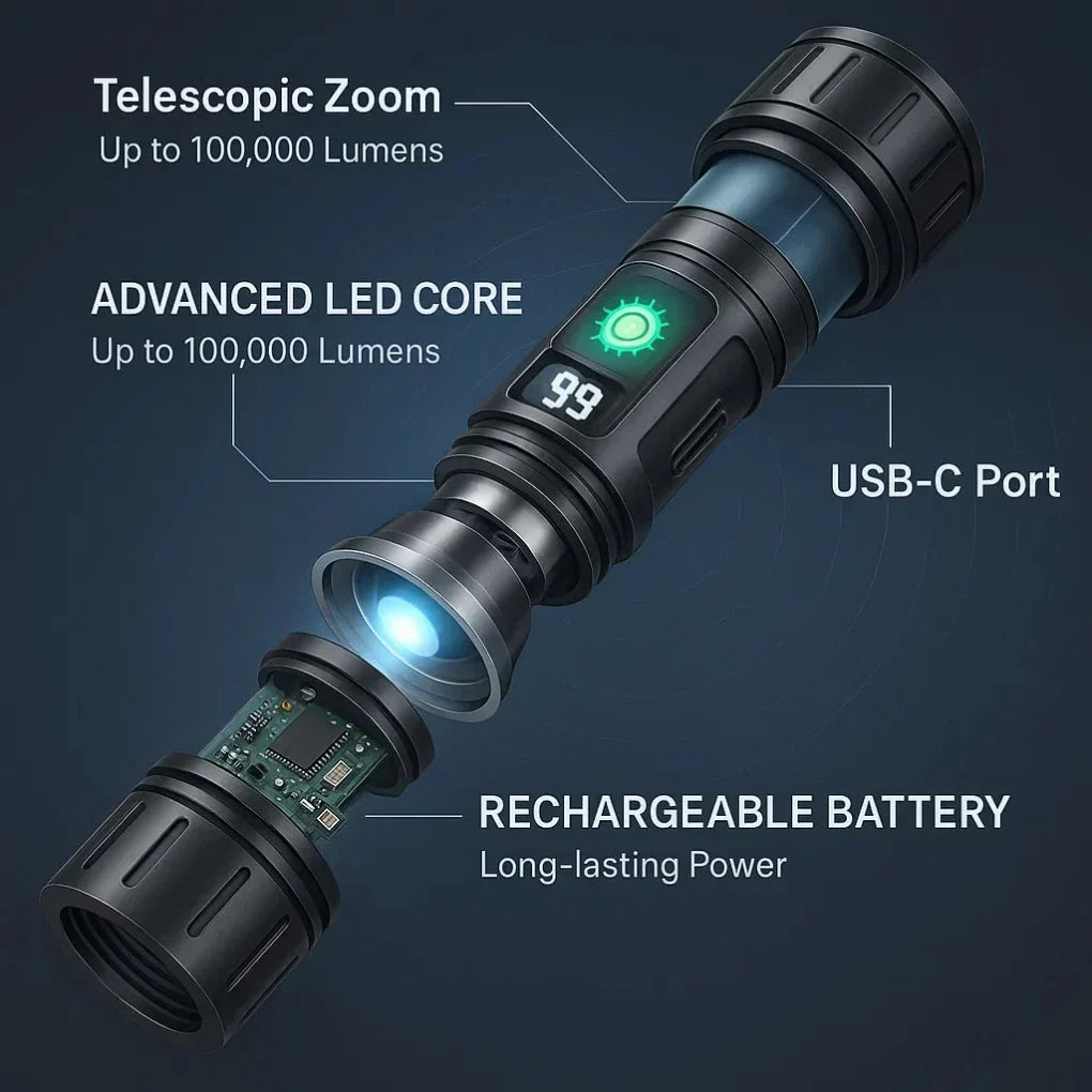 Detailopname van de knop en afwerking van de waterbestendige zaklamp