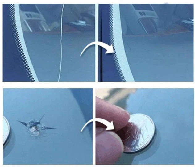 Inhoud van de autoruit glasreparatie set: hars, injectoren, schraper en uithardingsstrips voor snelle reparatie.