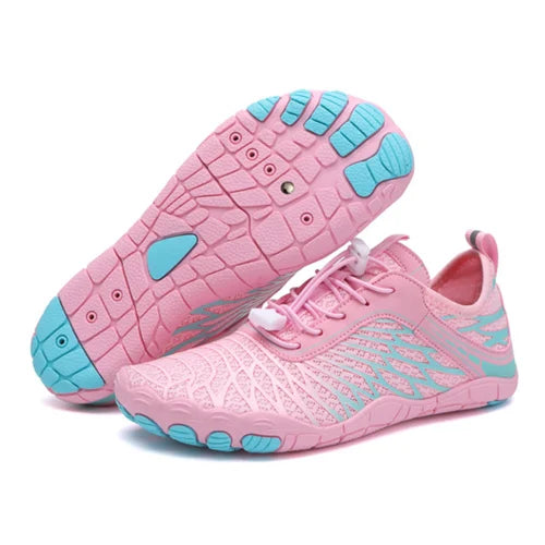 "Barefoot schoenen Allrounder met flexibele pasvorm en natuurlijke loopsensatie, beige bovenkant en minimalistische zolen."