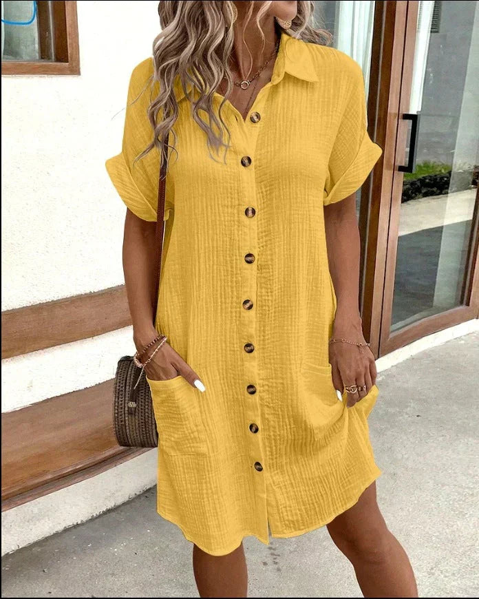 Beschrijf casual katoenen overhemdjurk voor dames, luchtig en stijlvol met knoopsluiting. Perfect voor zomercomfort.