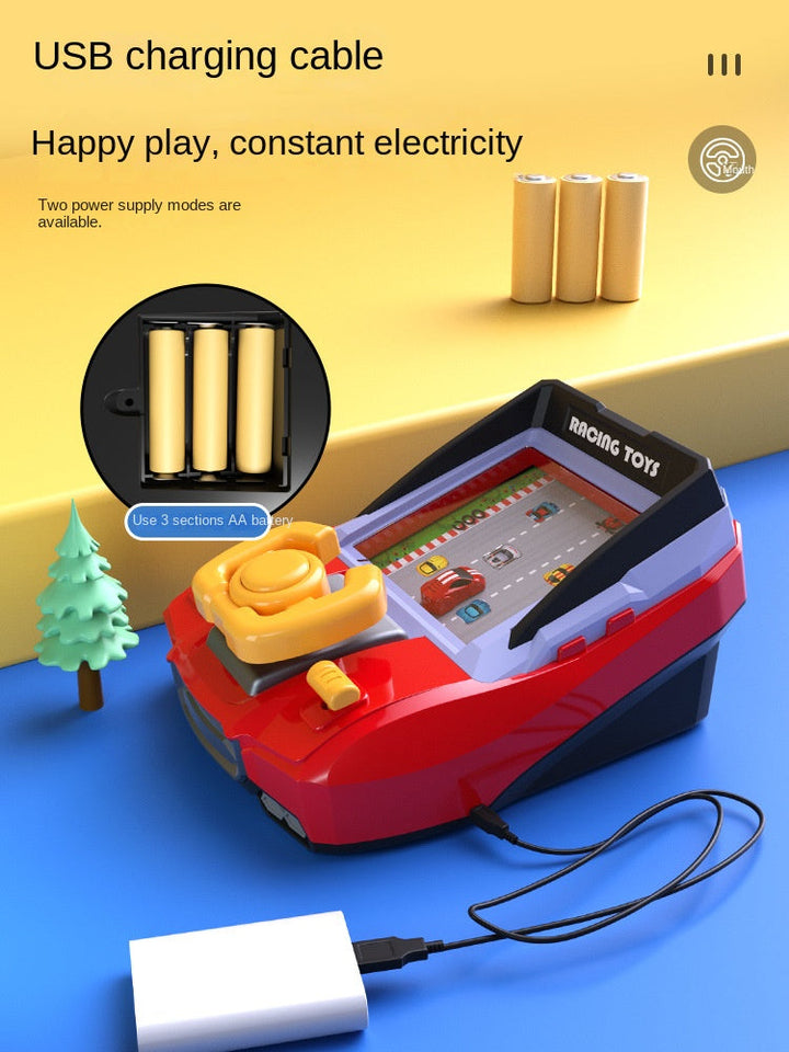 "Blauw-rode arcade kast, Racing Game™ speelgoed voor kinderen, race ervaring met autobediening en obstakelvermijding."