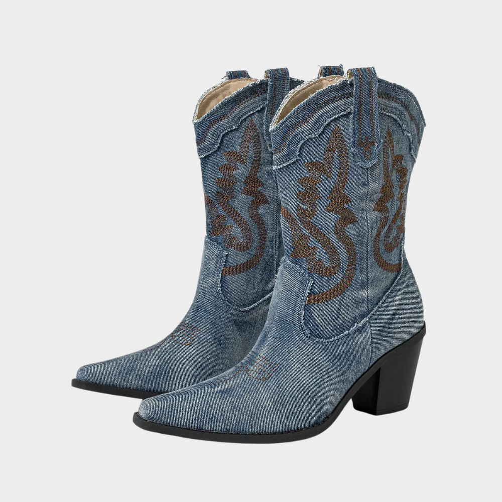 Comfortabele blauwe dames cowboylaarzen met puntige neus, trendy western stijl laarzen voor festivals en mode.